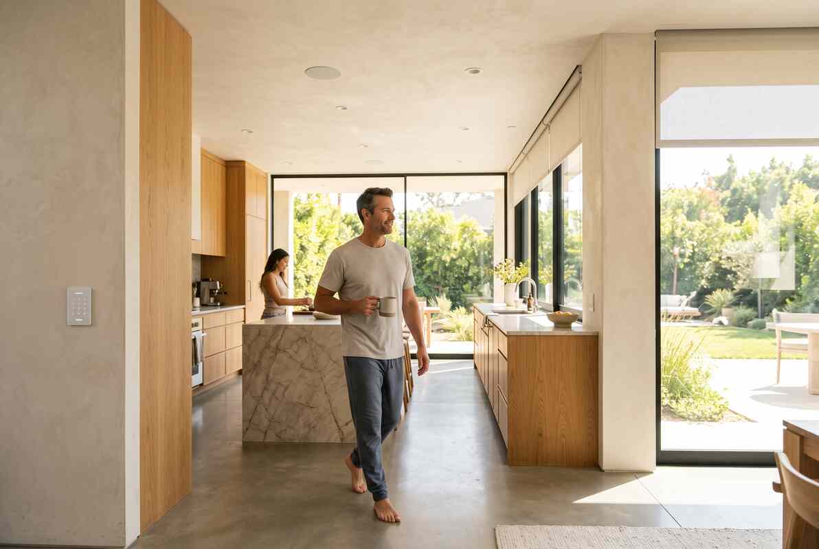 Architectural lighting control keypad integrated into custom wood millwork for invisible home technology integration Architectural lighting control keypad integrated into custom wood millwork for invisible home technology integration