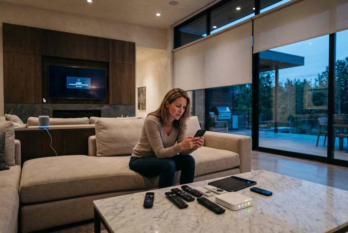 Motorized architectural shades concealed in ceiling pockets for whole-home automated climate and audio management Motorized architectural shades concealed in ceiling pockets for whole-home automated climate and audio management