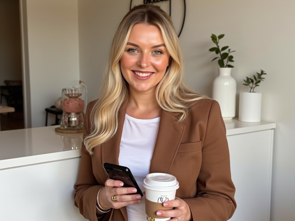 Laura O'Brien with her phone and a coffee