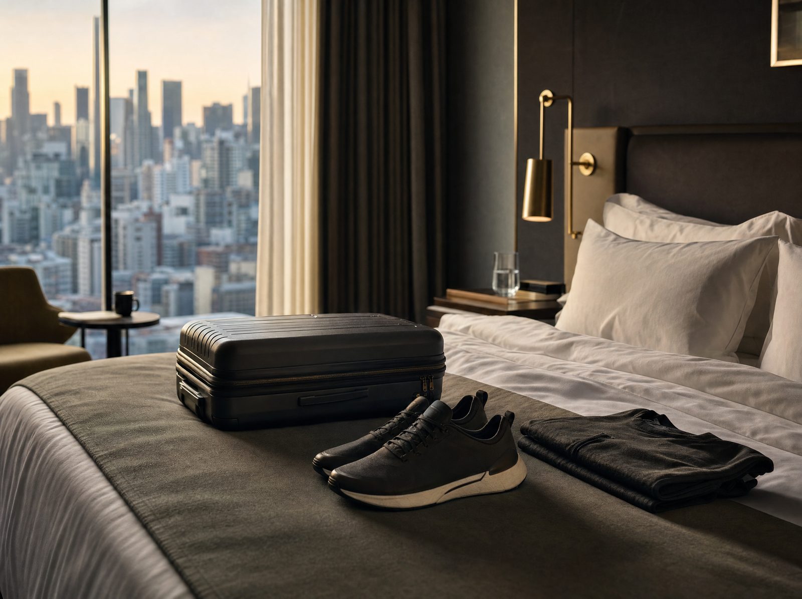 A refined hotel room with a carry-on, training shoes and folded performance clothing.