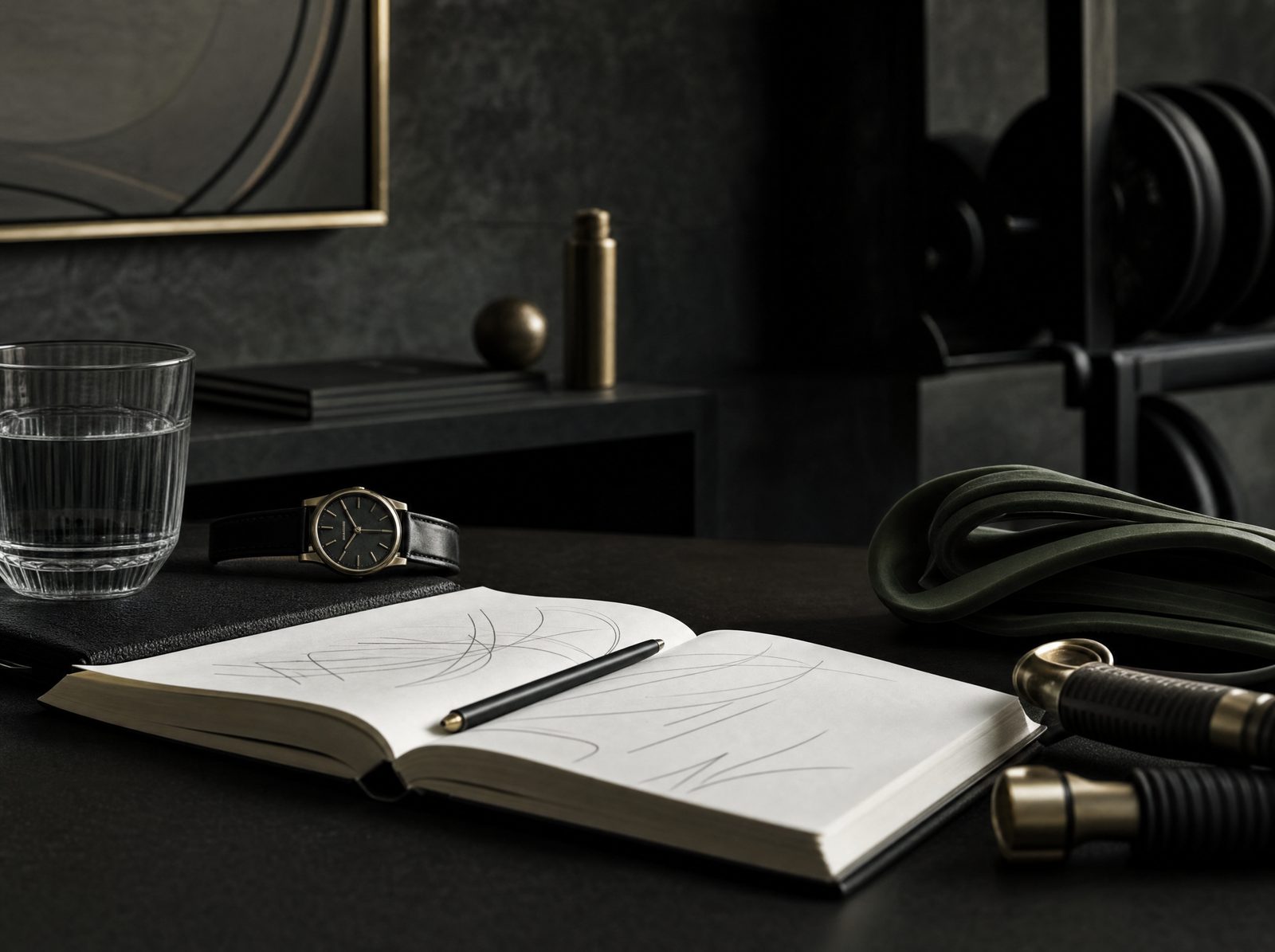A dark executive workspace beside a minimal training setup, watch, water glass and resistance band.