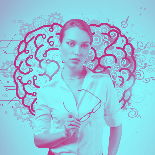 female business owner with brain in back blue and mauve