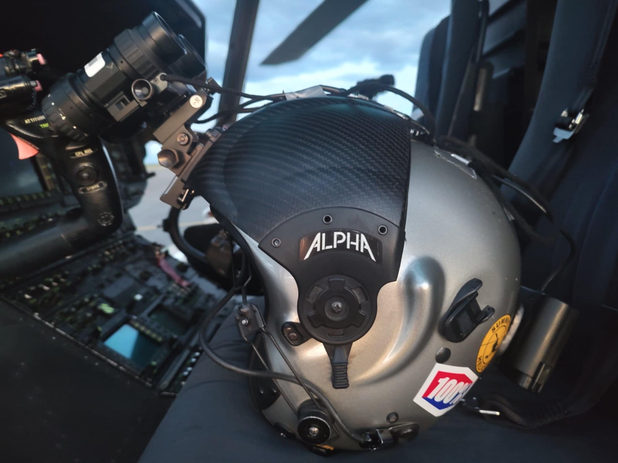 Helicopter pilot using night vision goggles during low light flight operations