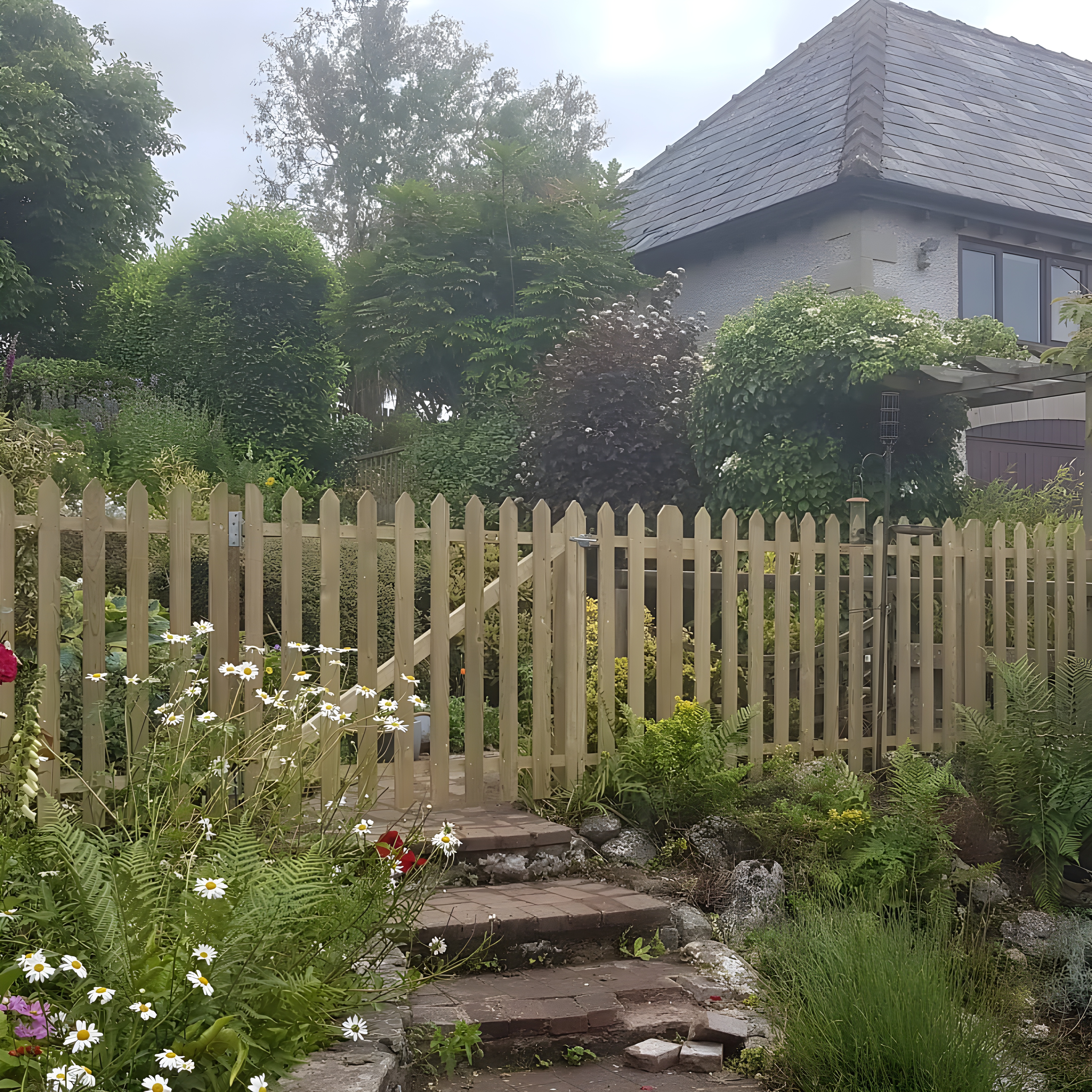 Garden entrance stairs with nice fencing and planting