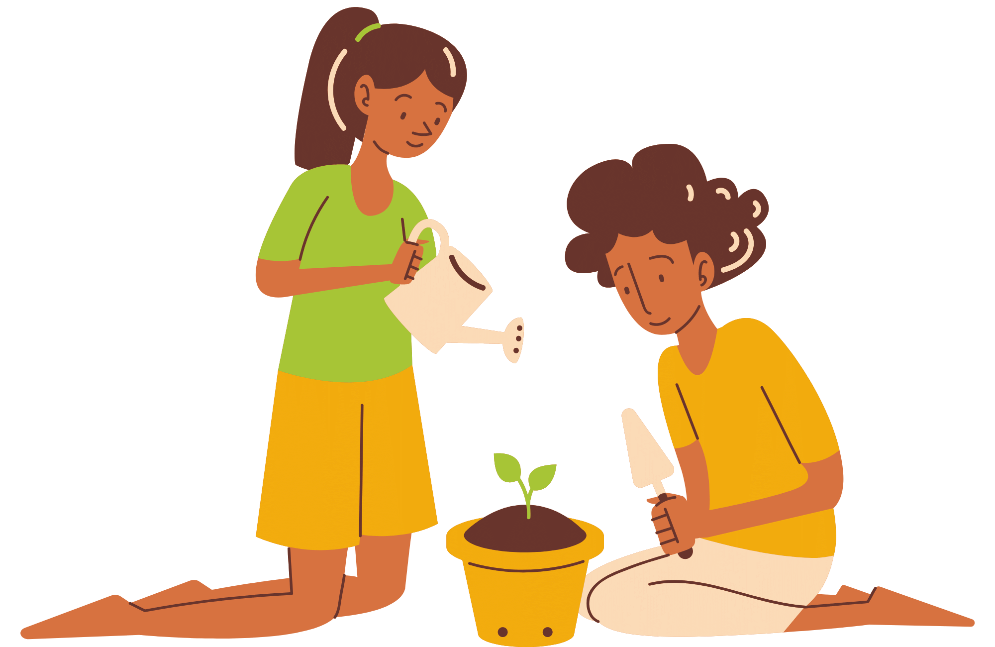 Two people caring for a new plant
