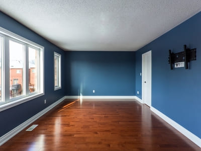 Spacious room with freshly painted blue walls and wooden floors, featuring large windows and a wall mount for a TV.