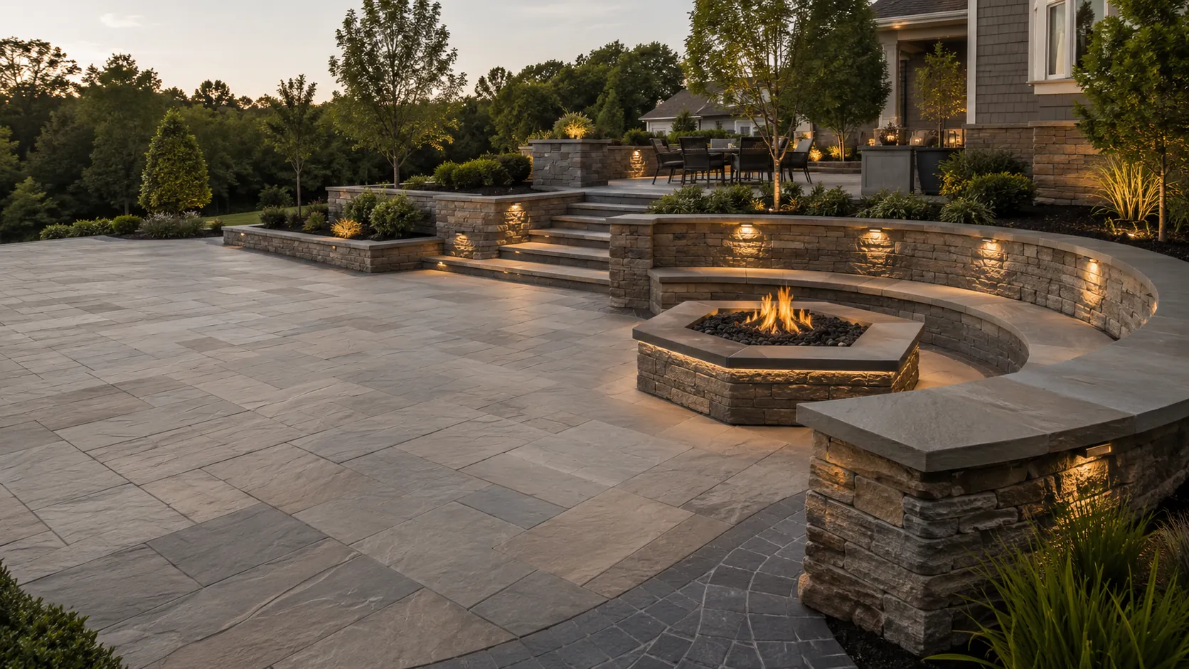 Curved paver patio with stone seat walls, gas fire pit and hardscape lighting at dusk