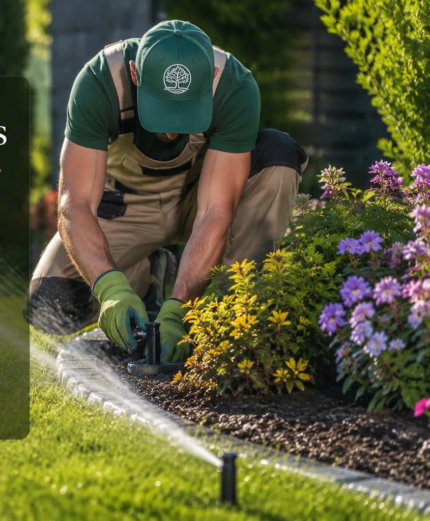 Landscaper installing a sprinkler head with active spray in a planted bed
