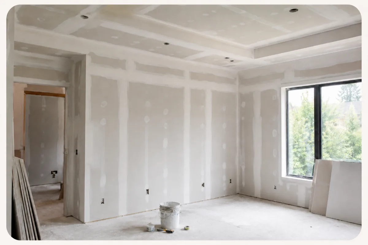 Clean drywall installation with taped joints and smooth finish ready for paint