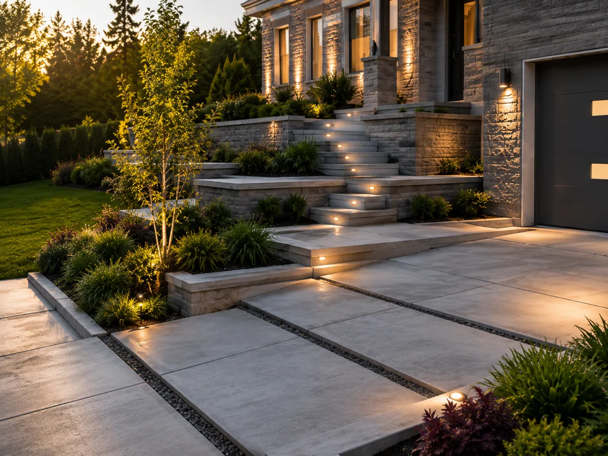 Modern concrete driveway and steps with landscape lighting at dusk