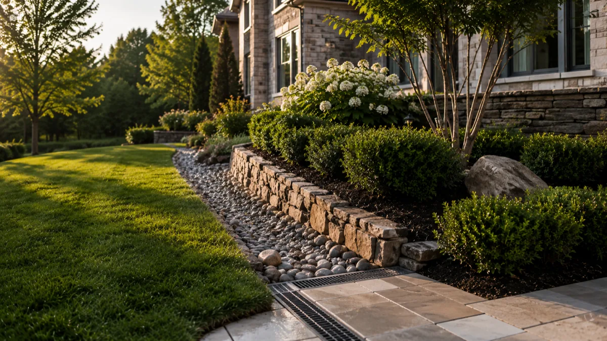 Stone dry-creek drainage with river rocks and iron drain grate alongside a flagstone walkway and planted beds