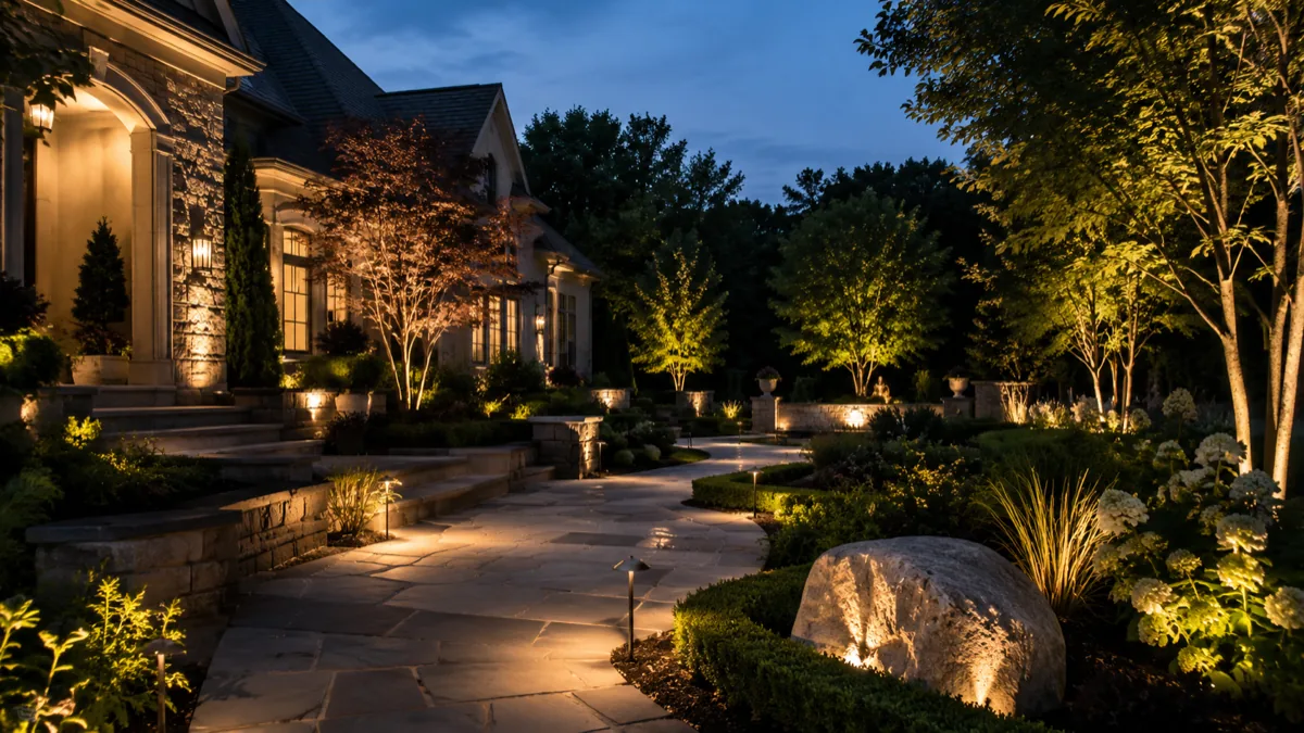 Premium landscape lighting on a stone walkway with uplit trees and warm path lights at dusk