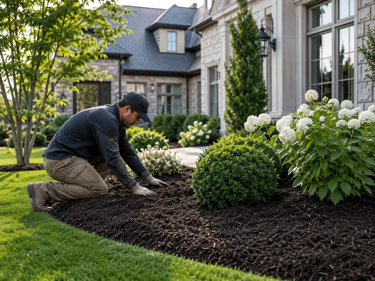 Landscaper kneeling to spread fresh mulch around boxwood and hydrangea beds at a residential home
