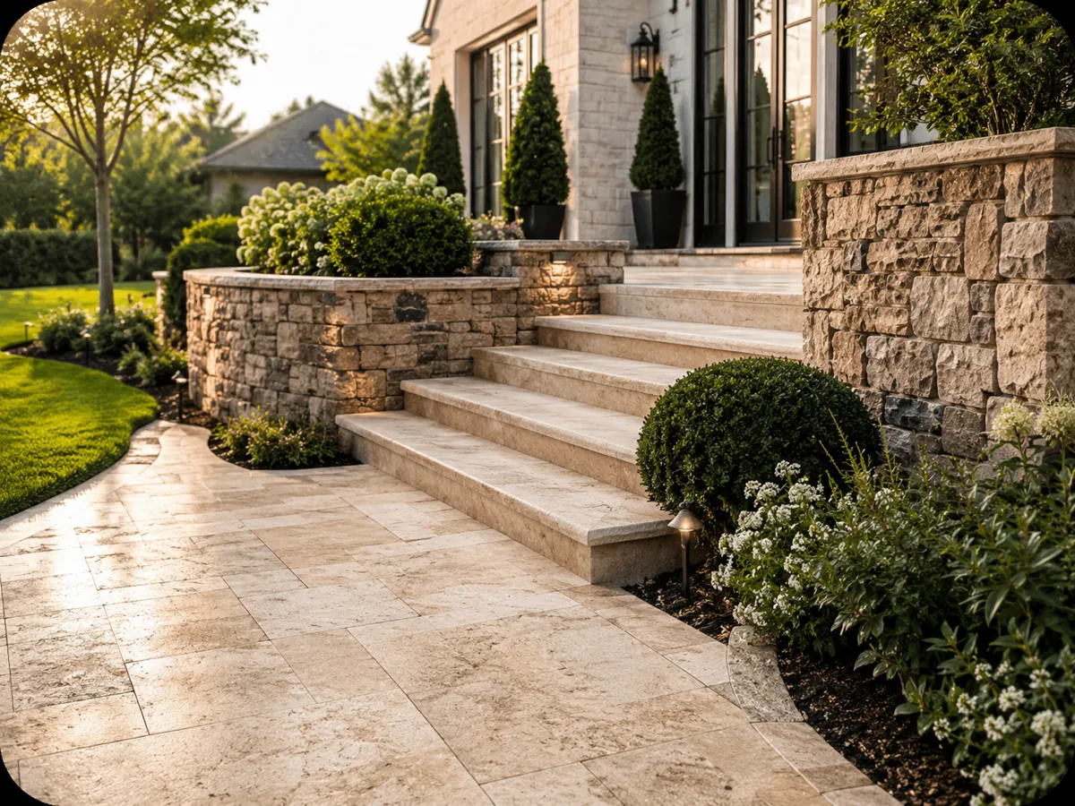 Travertine stone walkway and steps with natural stone walls and lush landscaping at golden hour