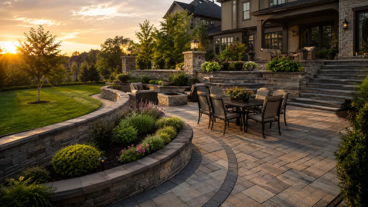 Curved paver patio with stone retaining walls, fire pit and outdoor dining at golden hour
