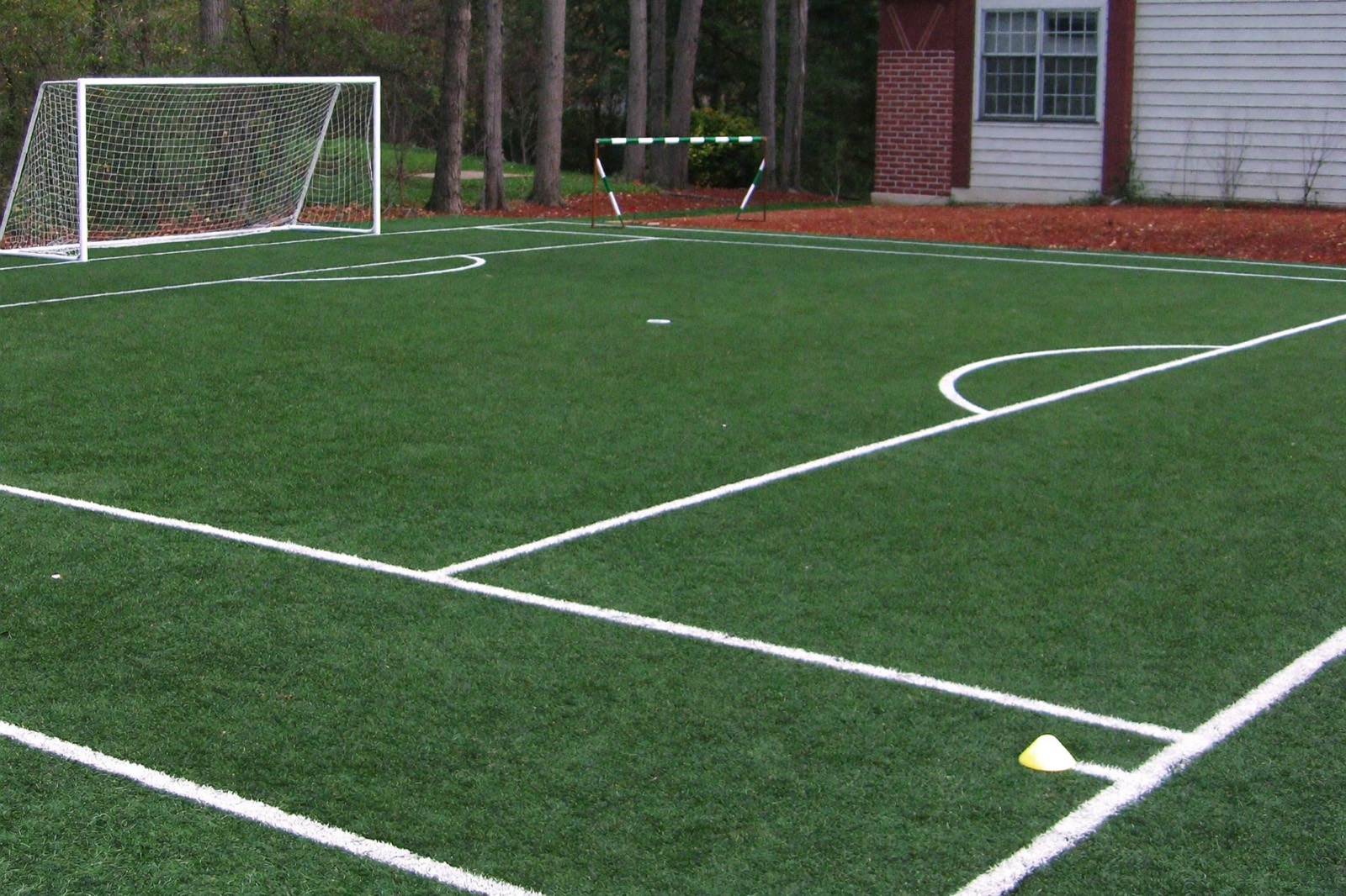 Backyard athletic turf training area with painted yard lines, a soccer goal and a batting net