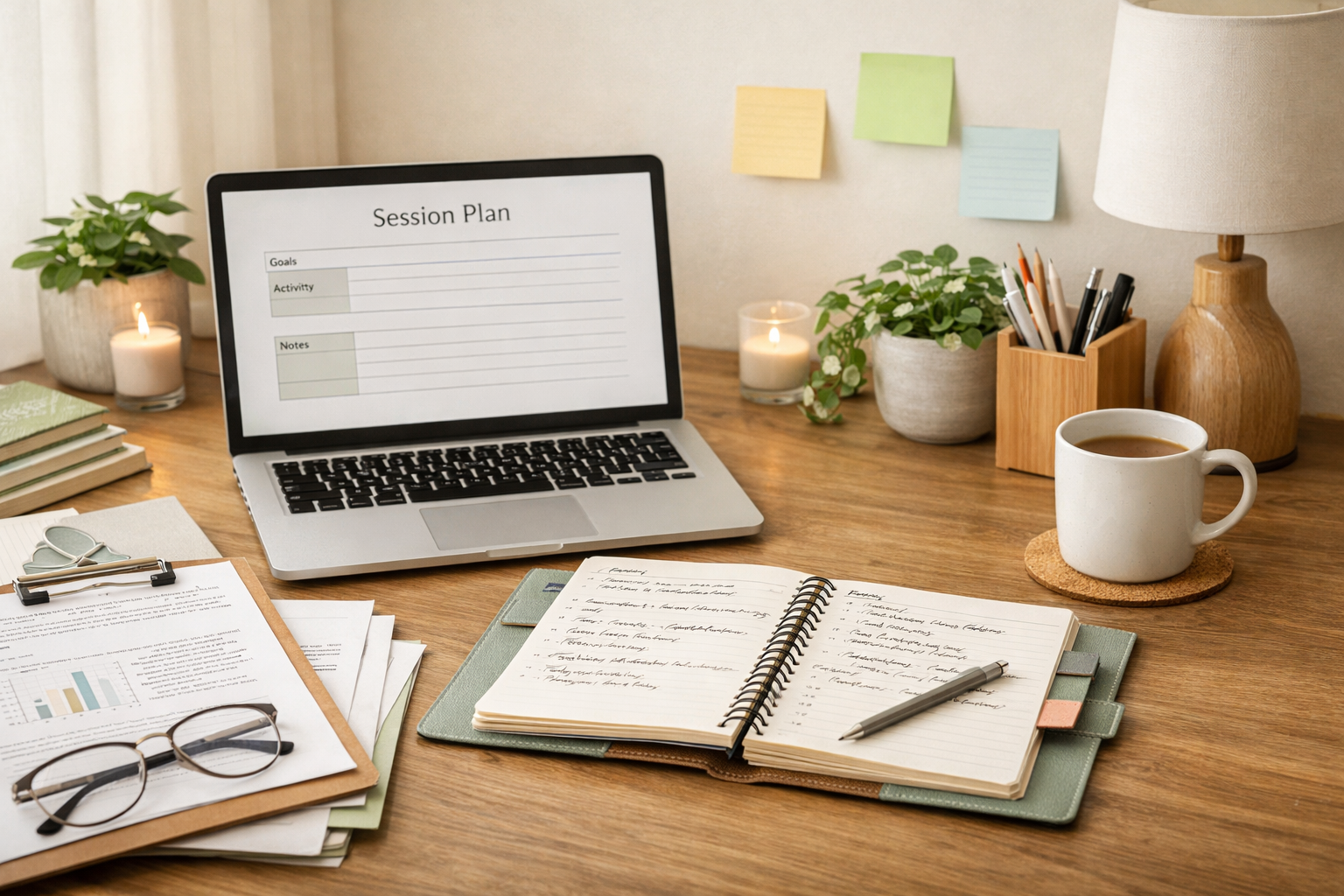 Therapist reviewing session plans and documentation as part of private practice billing. Planning time for therapists in private practice setting. Therapist reviewing session plans and documentation as part of private practice billing. Planning time for therapists in private practice setting.