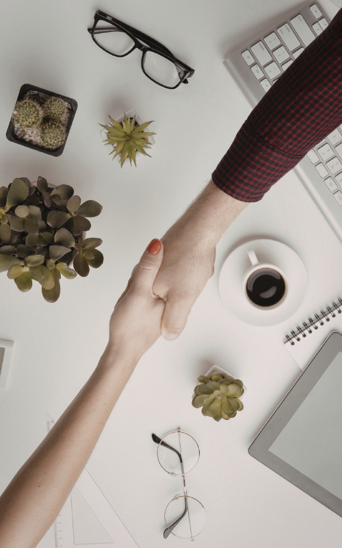 Two professionals shaking hands in a business meeting, symbolizing agreement and collaboration