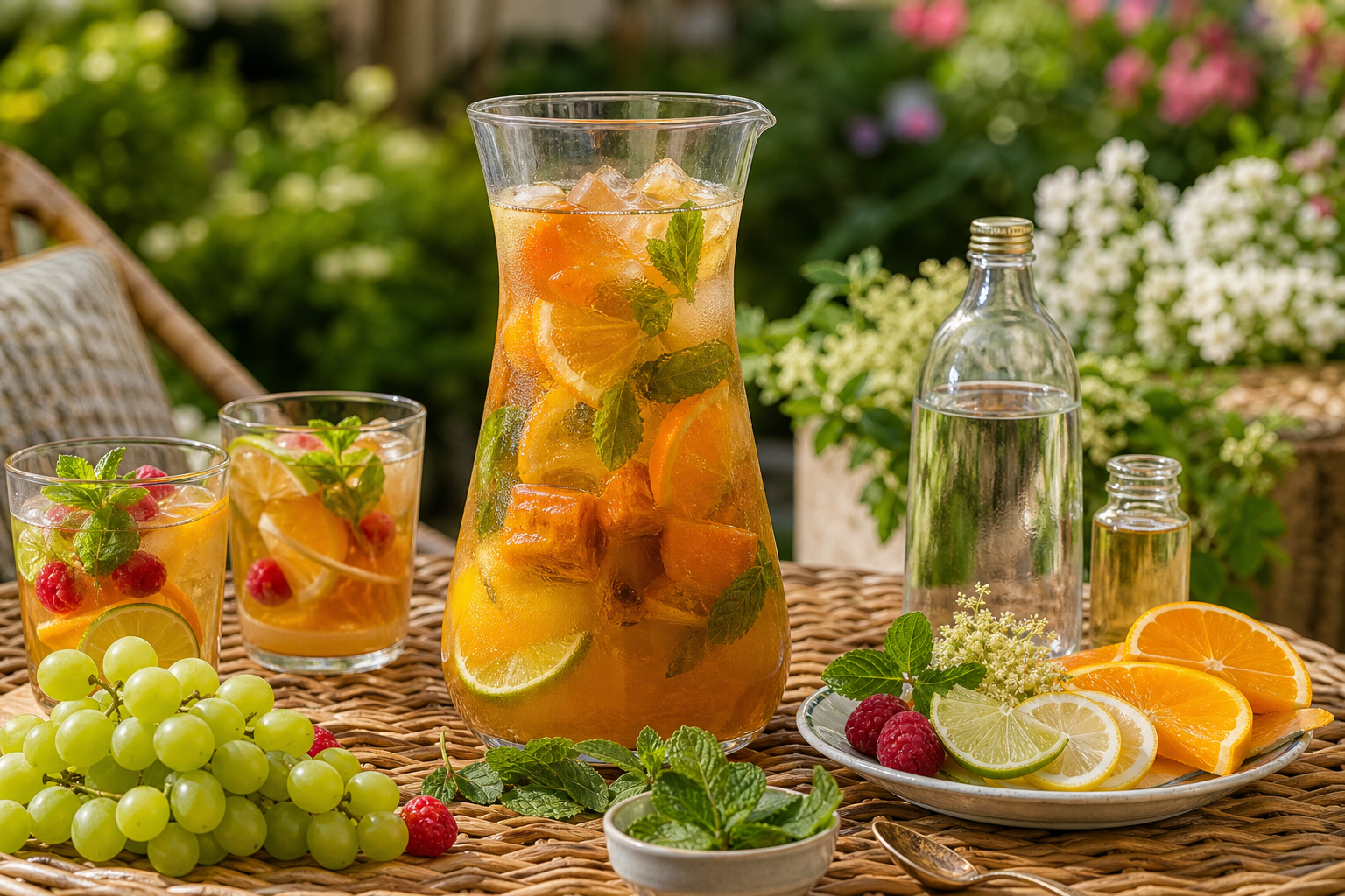 Domácí ledová limonáda se ZINGR Ice, mátou, citrusy, malinami a hroznovým vínem v karafě na zahradním stole Domácí ledová limonáda se ZINGR Ice, mátou, citrusy, malinami a hroznovým vínem v karafě na zahradním stole