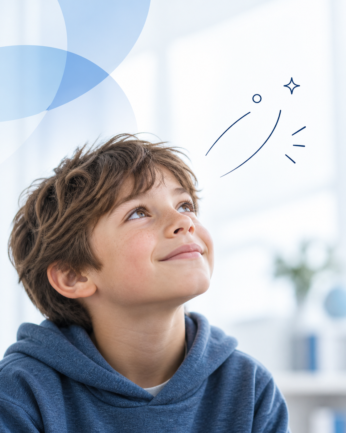 A school-age child looking upward with curiosity as simple blue linework suggests insight and discovery