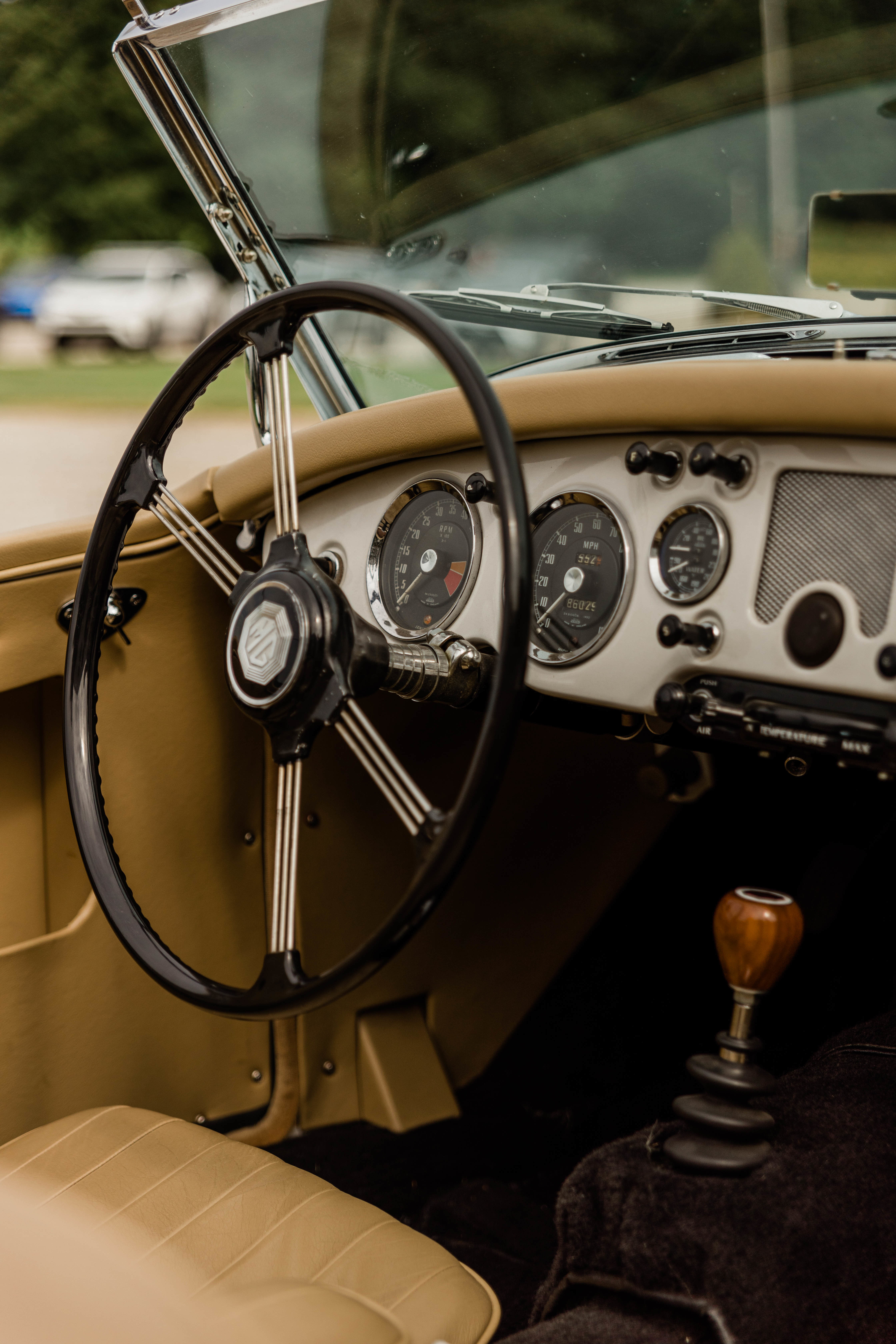 The restored dashboard and steering wheel of the MGA roadster