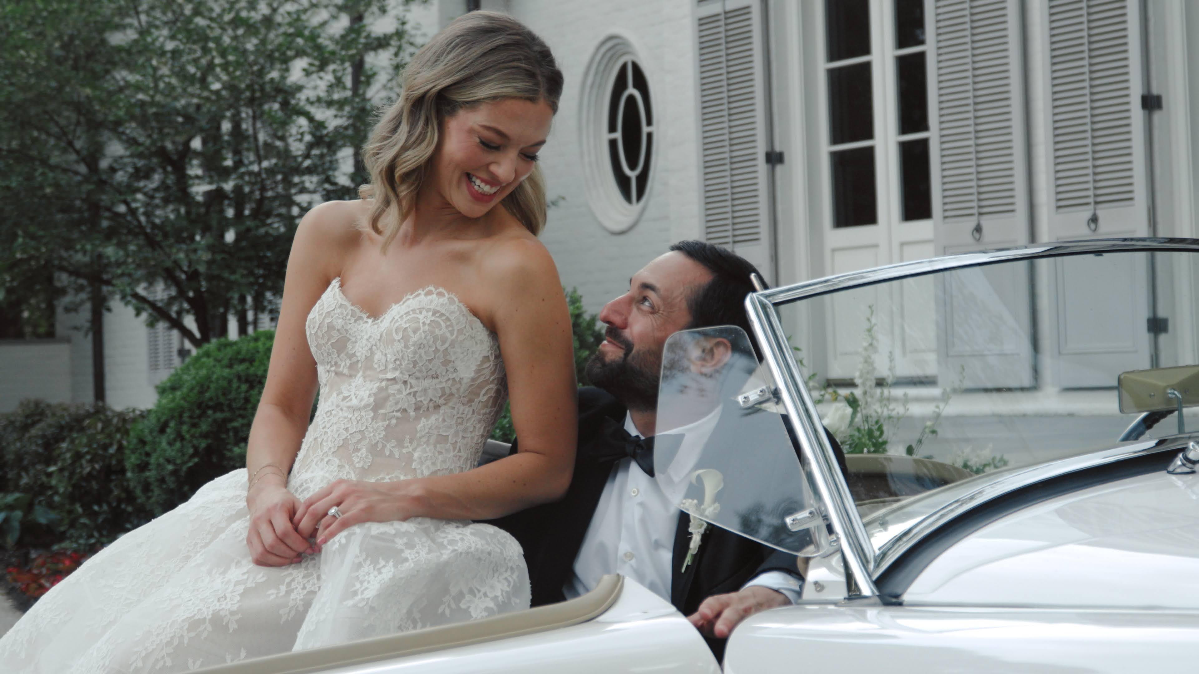 Newlyweds with the Getaway Car at a grand estate