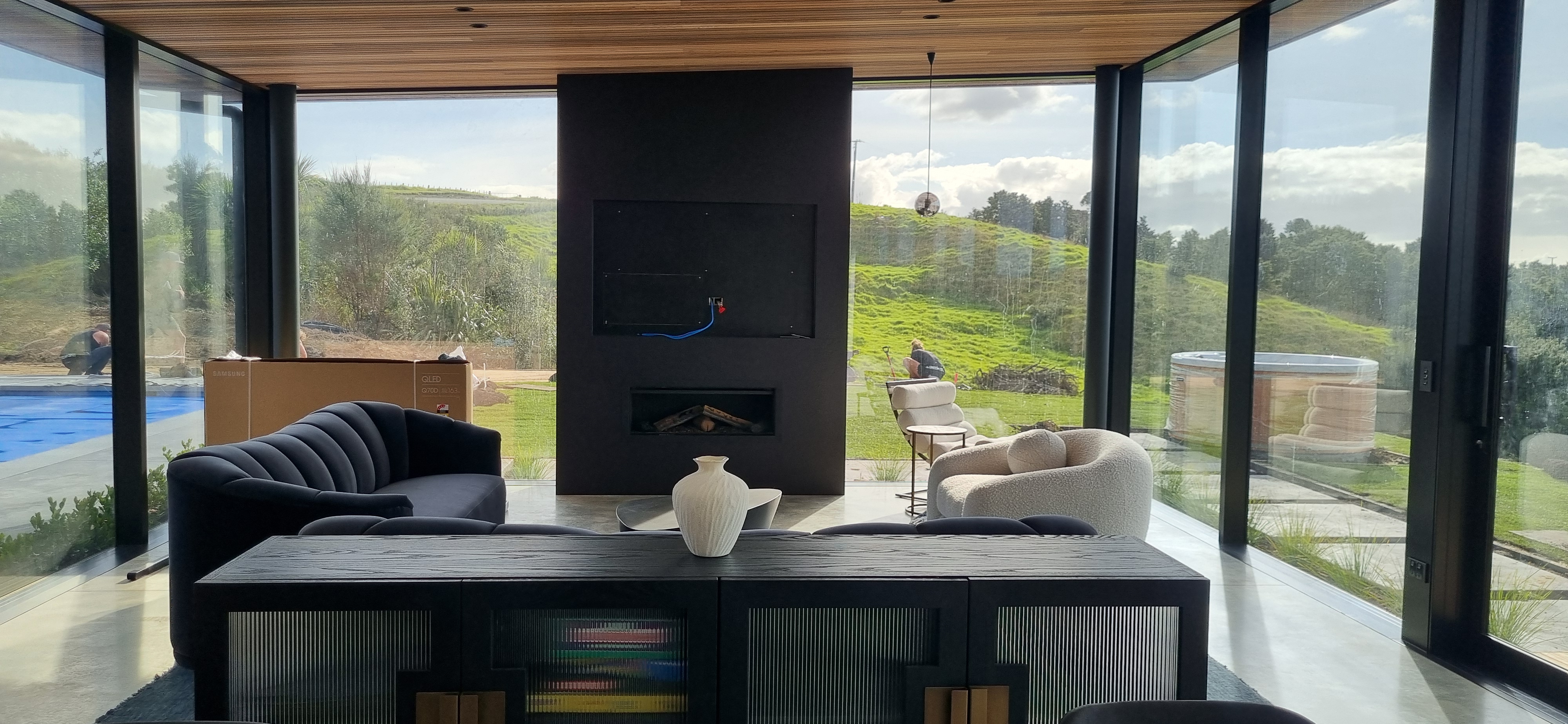 Lounge fireplace stone feature