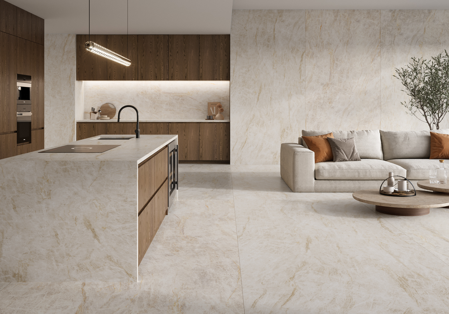 Stone wall cladding in kitchen and living space