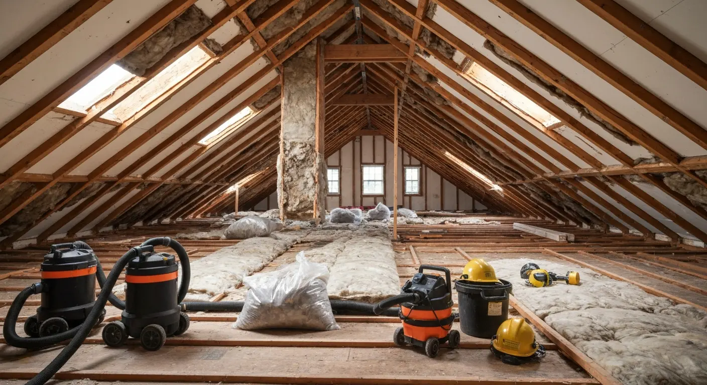 Damaged insulation removal from attic