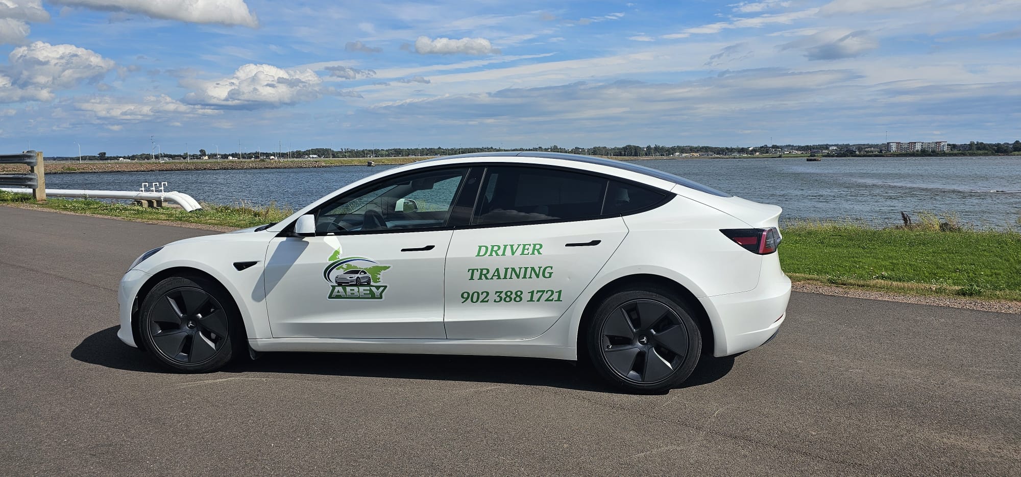 Tesla interior — quiet, minimal cabin for calm driving lessons
