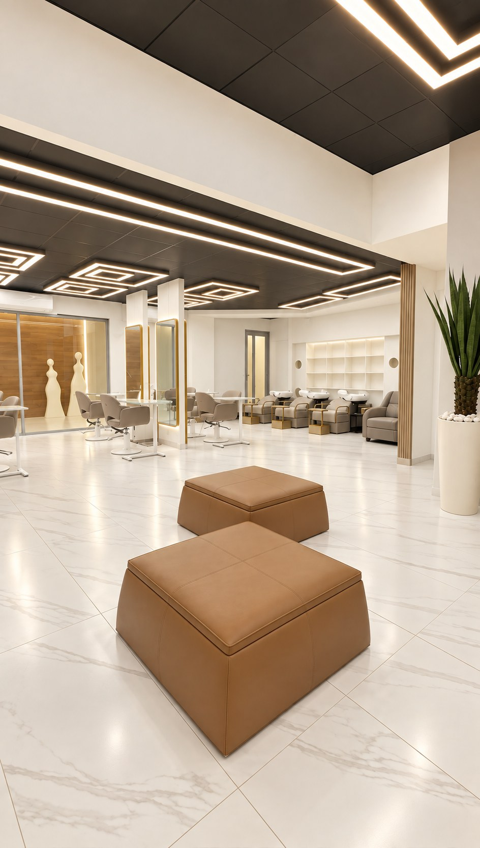 Interior de Corte Fino con estaciones de belleza, espejos e iluminación moderna