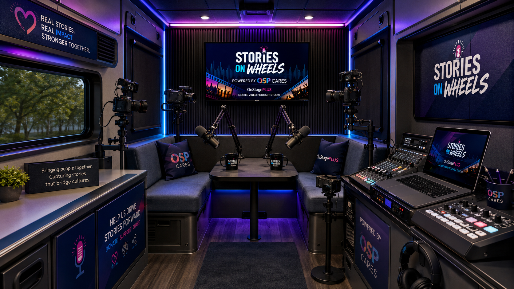 Stories On Wheels interior mobile podcast studio mockup