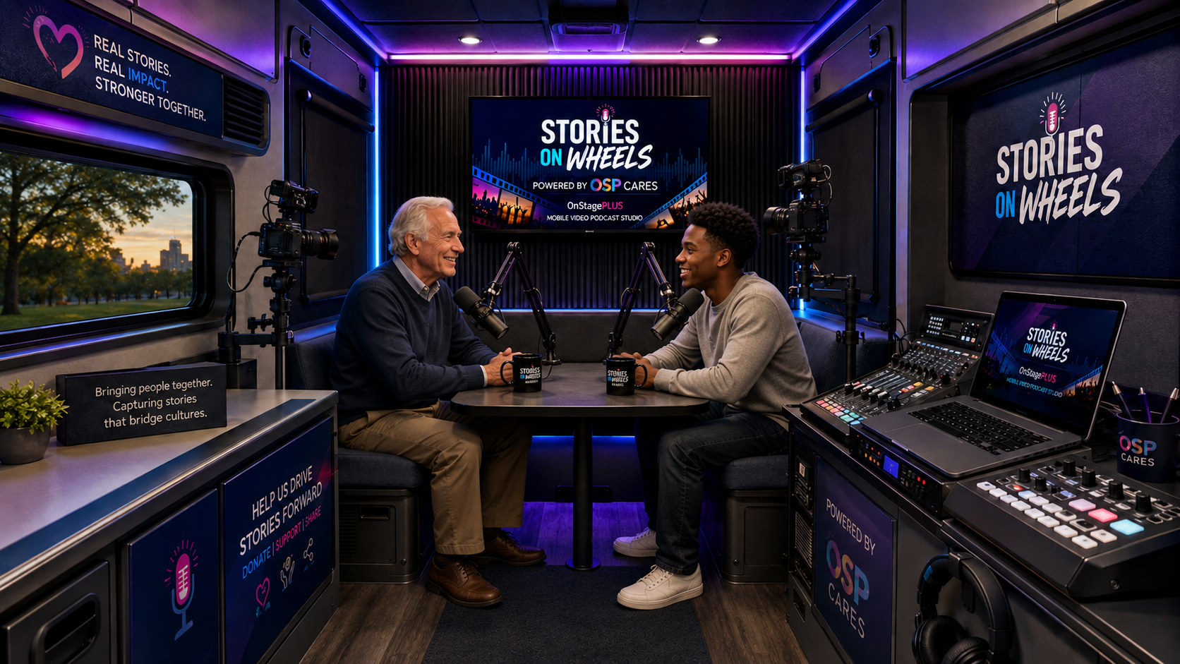 Two people sharing a meaningful conversation inside the Stories On Wheels mobile studio