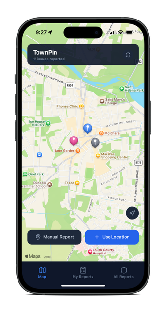 A screenshot of the TownPin mobile app A screenshot of the TownPin mobile app