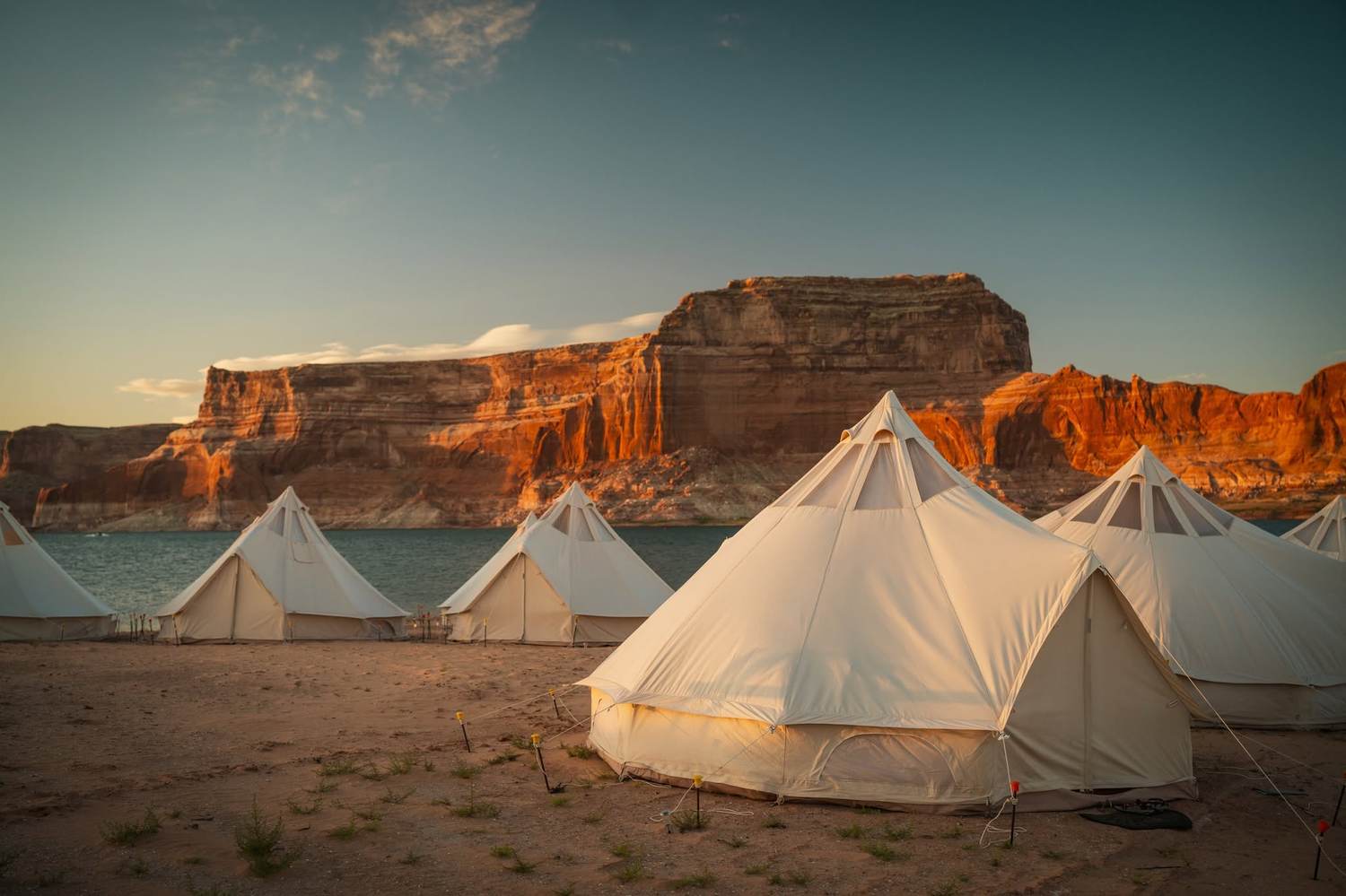 Yurts on the beach at golden hour