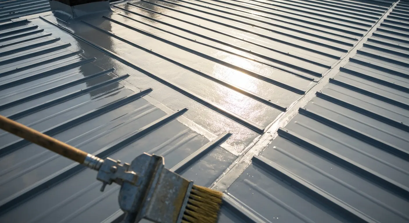 Reflective roof coating on metal roof