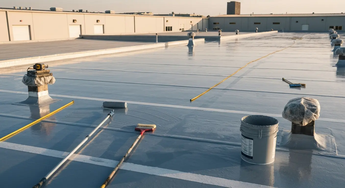 Low-slope roof waterproofing coating application