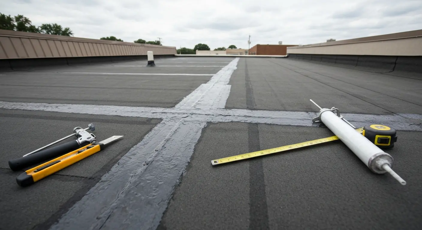 Flat roof leak repair in progress