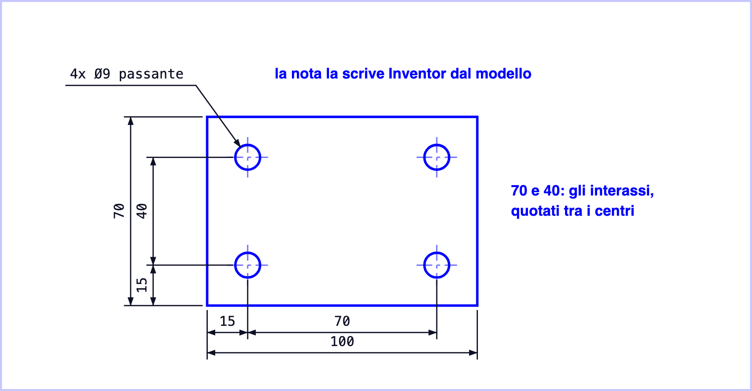Una piastra 100 per 70 con quattro fori passanti di diametro 9: la nota foro 4x Ø9 passante su un foro, gli interassi 70 e 40 quotati tra i centri e la posizione dei fori a 15 dai bordi