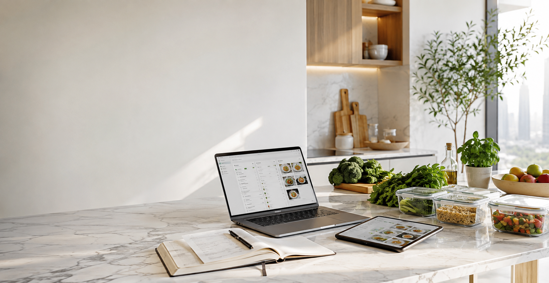A calm, bright kitchen workspace: a laptop and tablet showing a meal plan, an open notebook, fresh produce and prep containers on a marble island.