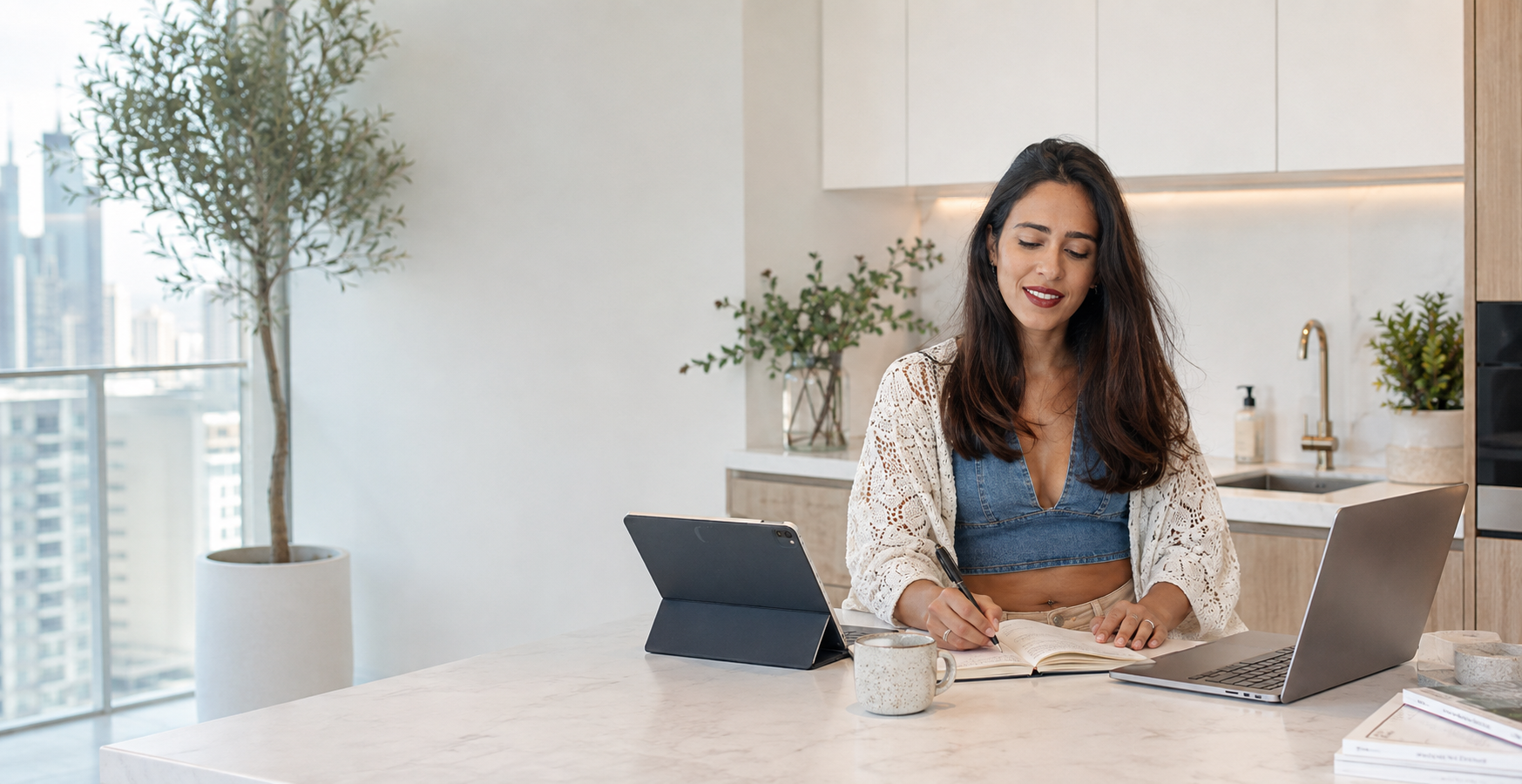 A woman working at a kitchen island with a notebook, tablet and laptop in a bright, plant-filled home.