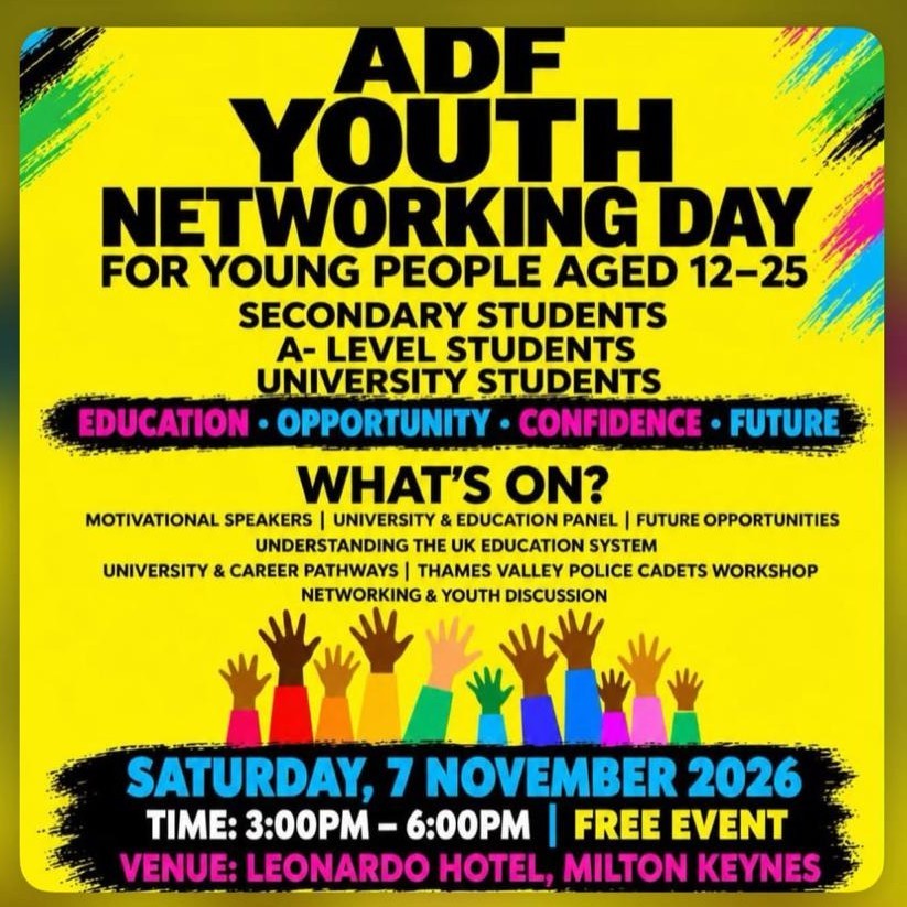 ADF Youth Networking Day poster: for young people aged 12 to 25. Saturday, 7 November 2026, 3:00pm to 6:00pm, Leonardo Hotel, Milton Keynes. Free event.