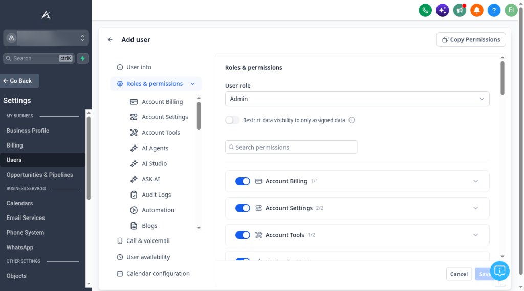HighLevel user roles and permissions settings