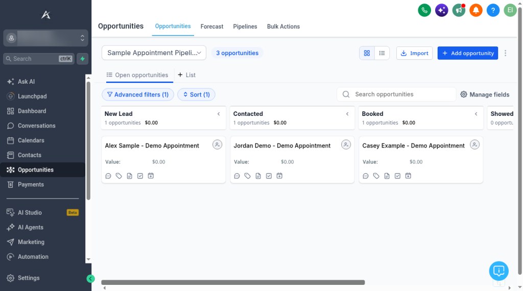 HighLevel Opportunities pipeline board with New Lead, Contacted, Booked and Showed stages (demo data)