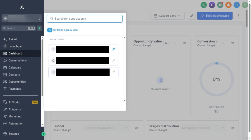 HighLevel sub-account switcher (account names hidden)
