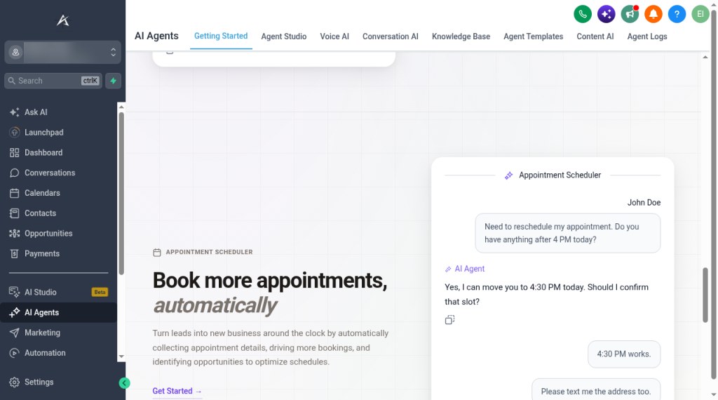 HighLevel AI Agents screen showing an appointment scheduler conversation