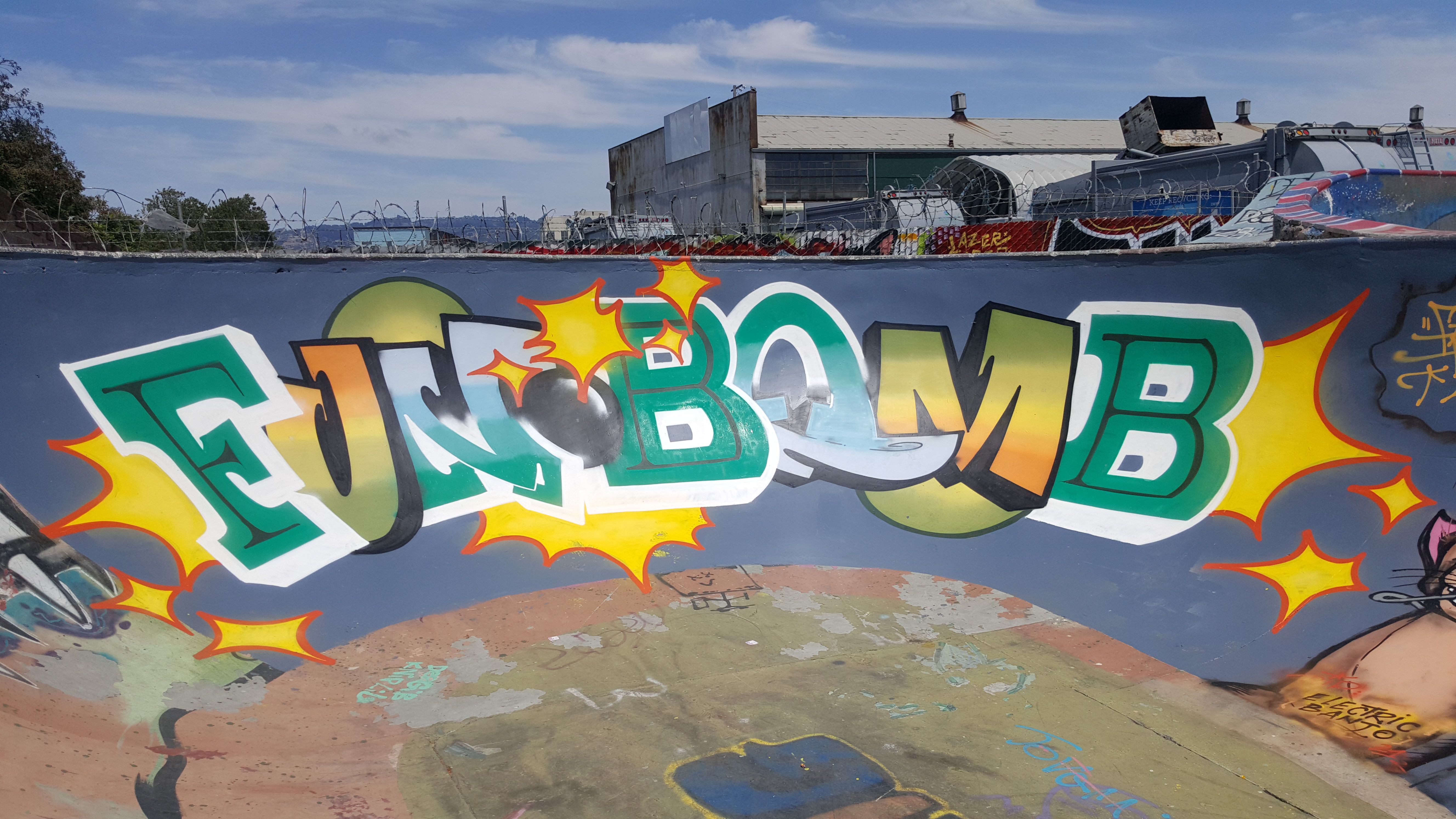 Funbomb painted in graffiti at Lower Bob's skate spot in Oakland, during the production of Flower