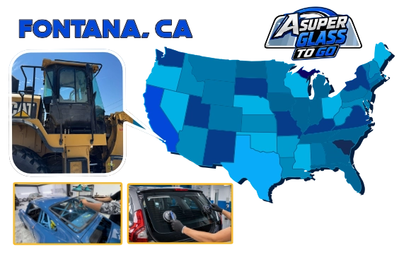 Map showing the 40-mile service area of A Super Glass to Go centered on Fontana, CA
