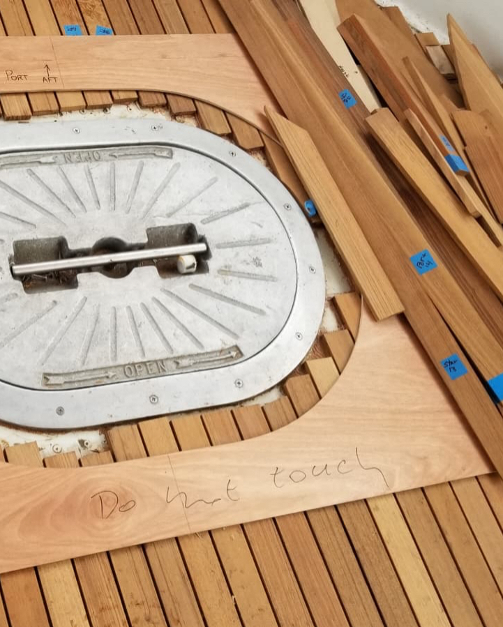 Detail of teak grain after controlled sanding