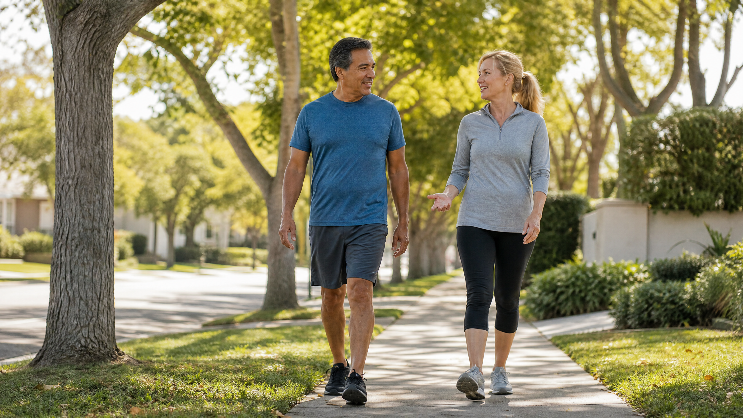 Couple in their 50s walking together on a neighborhood sidewalk on a clear morning